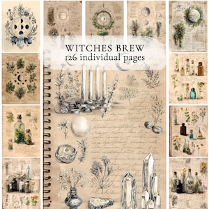Può includere: Una collezione di illustrazioni in stile vintage con temi botanici e celesti. L'immagine centrale presenta un taccuino a spirale con disegni di candele, cristalli ed erbe. Il testo "WITCHES BREW 126 individual pages" è visibile.