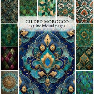 Puede incluir: Una colección de papeles digitales con diseños ornamentados de inspiración marroquí. Los patrones presentan ricos tonos joya de verde azulado, esmeralda y zafiro, acentuados con detalles dorados. Se muestra el texto "GILDED MOROCCO 135 individual pages".