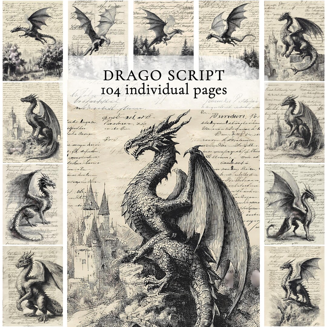 Vintage Dragon Junk Journal Pages, Antique Script Fantasy Ephemera ...