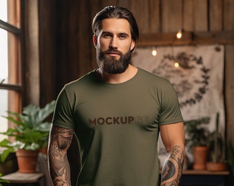 Mens Tee Mockup SVG Mockup Sublimation JPG T-shirt Mockup Print On Demand Forest Green Modern Mockup Shirt Design Manly Model Mockup Men's