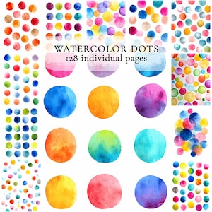 Pode incluir: Uma coleção de pontos de aquarela em várias cores, incluindo azul, laranja, rosa e verde, dispostos em padrões e círculos individuais. O texto "WATERCOLOR DOTS 128 individual pages" é exibido no centro.