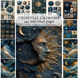 Puede incluir: Una colección de grabados e ilustraciones de temática celestial en tonos azules, dorados y crema. Las imágenes presentan soles, lunas, estrellas y figuras celestiales. El texto "CELESTIAL GRIMOIRE 144 individual pages" se muestra.