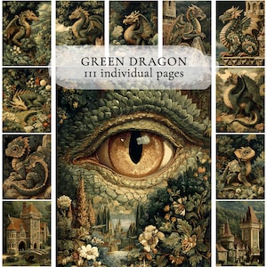 Pode incluir: Uma colagem de impressões de arte fantástica com dragões verdes em várias poses, com uma imagem central de um olho de dragão. As impressões têm uma estética vintage, com ilustrações detalhadas de dragões, castelos e paisagens. Texto: "GREEN DRAGON 111 individual pages."