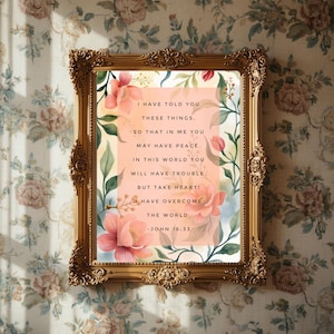 May include: A framed print with a gold ornate frame. The print features a floral design with pink flowers and green leaves. Text in the center reads "I HAVE TOLD YOU THESE THINGS... BUT TAKE HEART! HAVE OVERCOME THE WORLD. -JOHN 16:33."