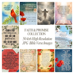 May include: A collection of 50 high-resolution 4x6 inch JPG Bible verse images. The images feature various religious themes, including a red cardinal, Jesus in the clouds, open books, and floral arrangements. Each image contains inspirational text.
