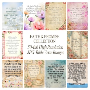 May include: A collection of 50 4x6 inch high-resolution JPG images featuring various Bible verses with floral and vintage-style backgrounds. The text includes passages from Isaiah, Romans, Numbers, 2 Timothy, Psalm, 1 Corinthians, Mark, and Ephesians.