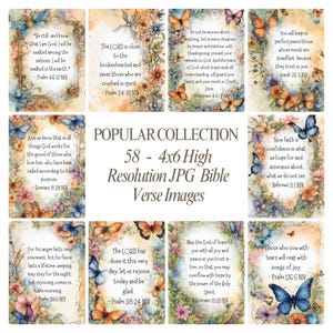 May include: A collection of 58 Bible verse images, each 4x6 inches, featuring floral and butterfly designs. The images have inspirational quotes from the Bible. The text "POPULAR COLLECTION" and "58 - 4x6 High Resolution JPG Bible Verse Images" are also visible.