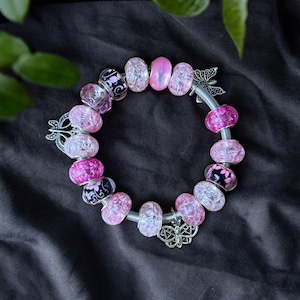 Pink Glass Bead Butterfly Charm Bracelet