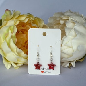 Red Star Resin Silver Hook Dangle Earrings