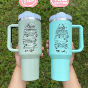 40 oz Wizard Custom Tumbler,Personalized Magic Books Design Stainless Steel Engraved Cup with Straw Handle, Unique Gift For Her Him