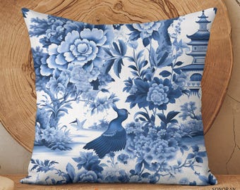 Blue and White Toile Pillow, Chinoiserie Pillow, Floral Pillow Cover, French Blue Bird Chinoiserie Decor, French Country Accent Throw Pillow