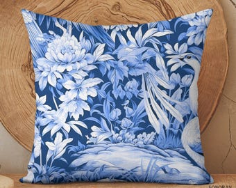 Blue and White Toile Pillow, Chinoiserie Pillow, Floral Pillow Cover, French Blue Chinoiserie Decor, French Country Accent Throw Pillow