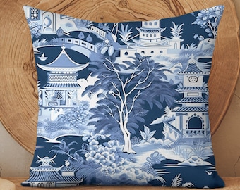 Toile Floral Pillow Cover, Blue and White Pillow, Chinoiserie Pillow, French Blue Chinoiserie Decor, French Country Accent Throw Pillow.