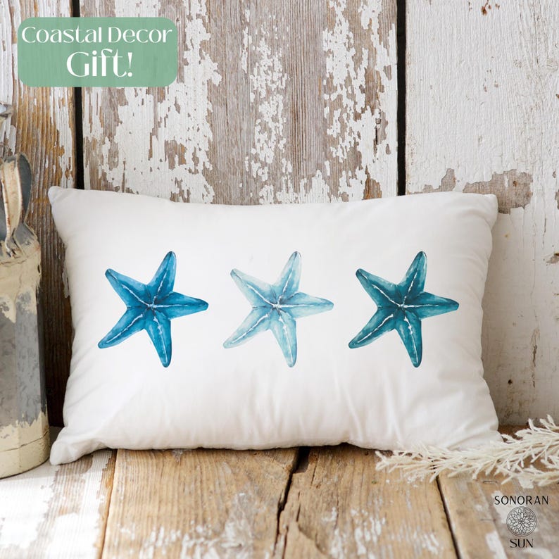 Starfish Throw Pillow, Beach Themed Home Decor, Summer Beach House Pillow, Coastal Pillow, Beach House Home Decor, Kitchen Pillow image 1