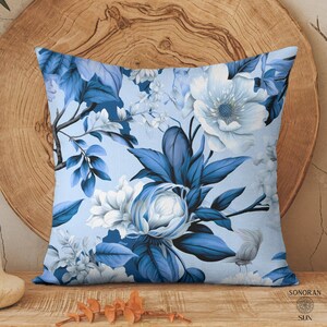 Blue and White Toile Pillow, Floral Chinoiserie Pillow, Floral Pillow Cover, Blue Chinoiserie Decor, French Country Accent Throw Pillow.