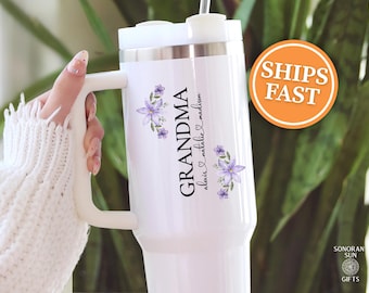 Personalized Grandma Tumbler, 40 oz Grandmother Tumbler Cup, Grandma Travel Cup, Grandma Tumbler with Handle, Custom Travel Mug.