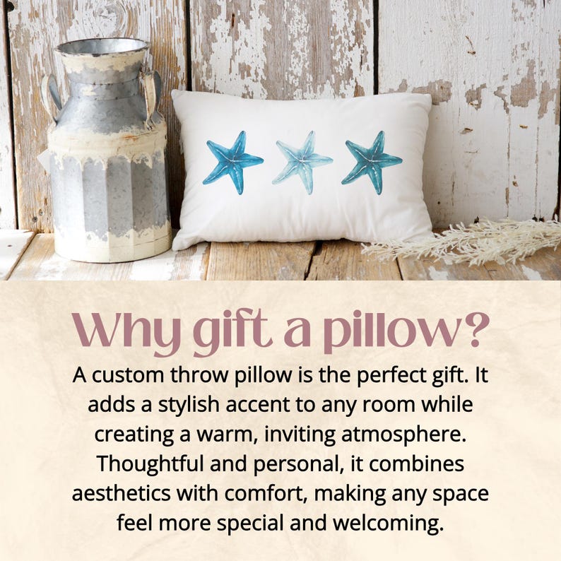 a pillow with three starfishs on it next to a vase