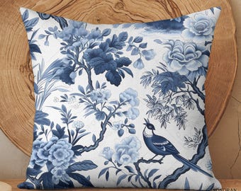 Blue and White Toile Pillow, Chinoiserie Pillow, Floral Pillow Cover, French Blue Bird Chinoiserie Decor, French Country Accent Throw Pillow