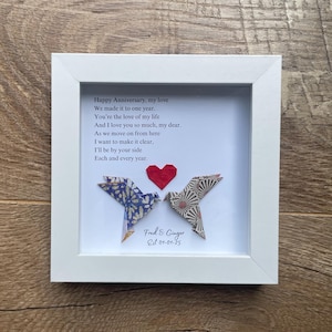 Personalized Origami Lovebirds | First Anniversary Poem | Paper Theme Wedding Gift for Couples | White Shadowbox Art for 1 Year Anniversary