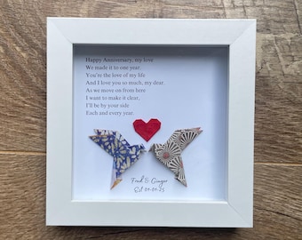 Personalized Origami Lovebirds | First Anniversary Poem | Paper Theme Wedding Gift for Couples | White Shadowbox Art for 1 Year Anniversary