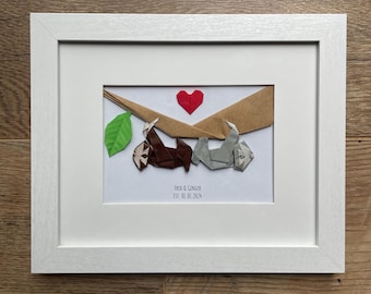 Personalized Origami for Sloth Lovers. First Wedding Anniversary Gift. Paper Anniversary Gift for Couples. White Framed Origami Art 8x10