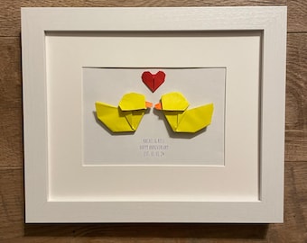 Personalized Origami for Duck Lovers. First Wedding Anniversary. Gift Paper Anniversary Gift for Couples. White Framed Origami Art 8x10