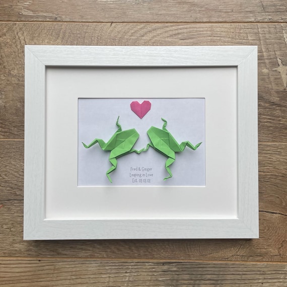 Personalized Origami Frogs. First Anniversary Gift Paper Theme. Gift for Couples. White Framed Origami Art 8x10