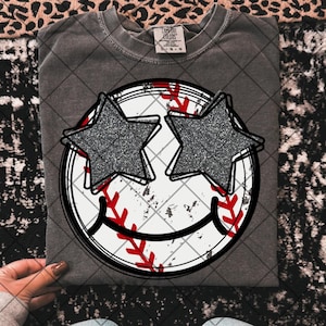 Baseball smile face glitter stars png png baseball stars png digital download png baseball sister baseball shirt png preppy baseball png bas