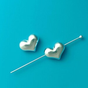 6 pcs 14mm Sterling Silver puffy heart shape beads with holes drilled horizontally(BSS307)