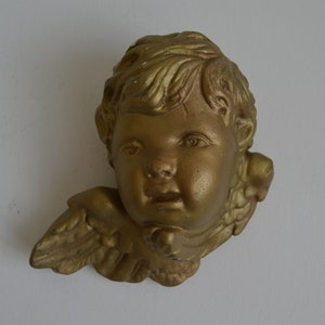Sweet Vintage Gold Painted Plaster Cherub Wall Hanging Angel Head Chalkware Angel With Wings Religious Shabby Cottage Wall Decor