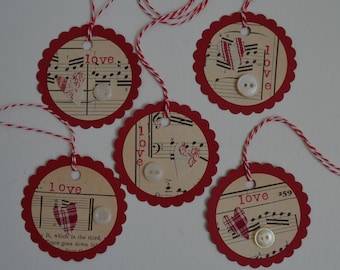 Handmade Set Of 5 Valentines Day Gift Tags Antique Sheet Music Vintage Love Heart Buttons Junk Journaling Ephemera Favor Tags Ornaments