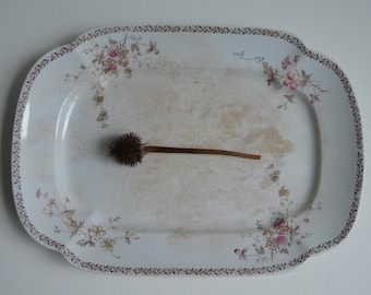 Antique 1890s J & G Meakin large Rectangle Brown Transferware Ironstone Platter Crazing Stained Patina English Turkey Meat Dish