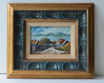 Vintage Mid Century Original Seascape Village Oil Painting Chunky Stiffel Gold Teal Frame Signed