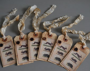 Handmade French Botanical Rabbit Set Of 6 Easter Gift Tags Primitive Coffee Stained Garden Hare Tags Grungy Embellished Spring Gift Tags