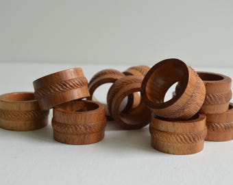 Vintage Set Of 11 Hand Carved Teak Wood Napkin Rings  Rope Design