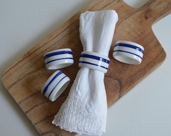 Set Of 4 White Ceramic Napkin Rings With Cobalt Blue Stripes Farmhouse Charm