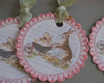 Handmade Vintage Rabbit And Chicks Set Of 6 Easter Gift Tags Shabby Chic Bunny And Wheelbarrow Embellished Spring Tags Hostess Gift