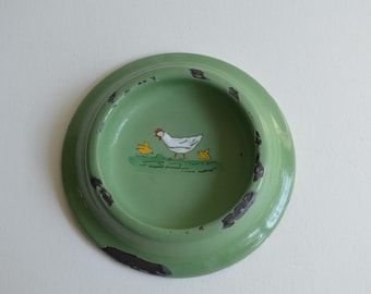 Vintage German Green Enamelware Child's Bowl Pet Dish Chicken Design Farmhouse Style