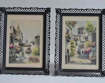 Original Vintage Set Of 2 Watercolor Paintings By Reyes Of Sevilla Spain Black Metal Frames Signed