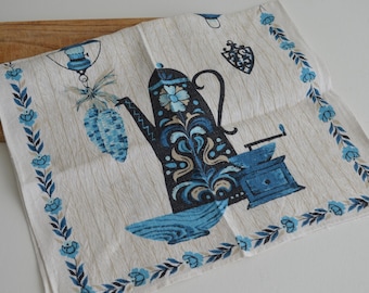 Vintage Parisian Prints Linen Tea Towel MCM Turquoise Coffee Pot Grinder