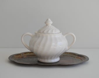 Vintage White Ironstone 2 Handle Sugar bowl With Lid Swirl Pattern