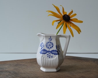 Vintage Small Blue And White Flower Creamer Japan Mini Scandinavian Farmhouse Pitcher Blue Transferware Small Vase Kitchen Decor