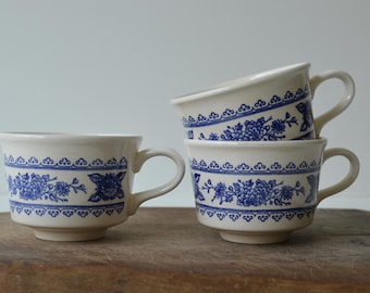 Vintage Set Of 3 Royal China USA Blue Transferware Coffee Tea Cups Blue And White Floral Ironstone Nordic Onion Cobalt Blue