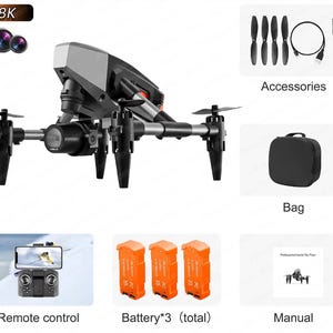 Peut inclure: Un drone noir et gris avec des accents orange. Le drone est équipé d'une caméra à l'avant et de quatre hélices. Le drone est entouré d'accessoires, dont une télécommande, trois batteries, un sac, un manuel et un jeu d'hélices.