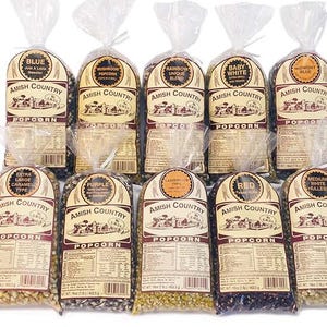Peut inclure: Dix sacs de maïs soufflé Amish Country, chacun avec une saveur et une couleur différentes. Les saveurs comprennent Bleu, Champignon, Mélange Unique Arc-en-ciel, Blanc Bébé, Bleu Nuit, Type Caramel Extra Large, Violet, Type Doigt de Dame, Rouge et Hulless Blanc Moyen.