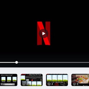 May include: A black screen with the red Netflix logo and a play button. Below the logo is a progress bar. At the bottom are thumbnails for user profiles and video selections.