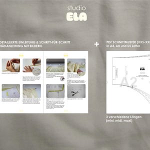 May include: A sewing pattern for a dress in sizes XXS-XXL. The pattern includes a detailed instruction booklet with pictures and comes in three lengths: mini, midi, and maxi. The pattern is available in A4, A0, and US Letter sizes.