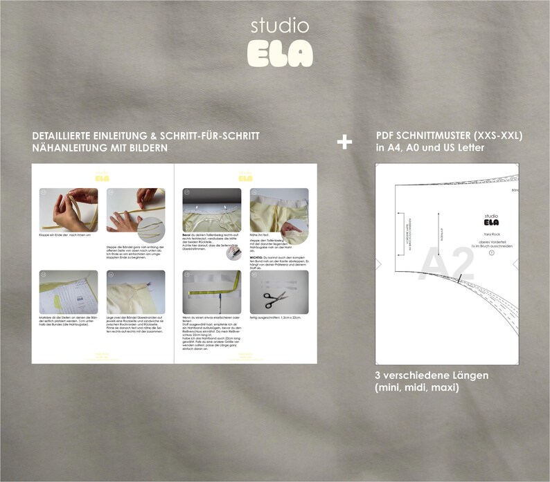 May include: A sewing pattern for a dress in sizes XXS-XXL. The pattern includes a detailed instruction booklet with pictures and comes in three lengths: mini, midi, and maxi. The pattern is available in A4, A0, and US Letter sizes.