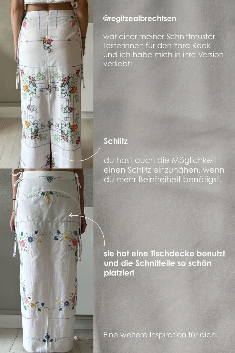 May include: A white skirt with a floral embroidery pattern. The skirt has a slit in the back and is made from a linen fabric. The text "Schlitz" is written on the image, which is German for "slit".