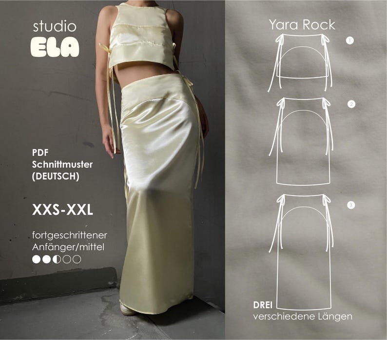 May include: A sewing pattern for a Yara Rock skirt with three different lengths. The pattern is for sizes XXS-XXL and is suitable for intermediate sewers. The pattern is available in PDF format and is written in German.